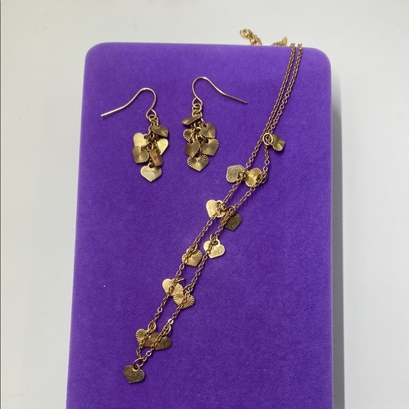 💛 Vintage Gold Plated Heart Dangle Necklace & Earring Set - Picture 1 of 4